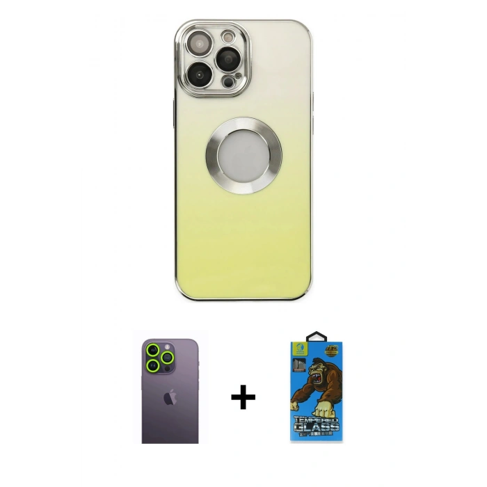 MARSİLYAN™- iPhone 13 Pro Max Kılıf Kutup Yansıma Özel Seri - Siyah 18D Cam Ekran Koruyucu + Neon Fosforlu Kamera Lens - YL