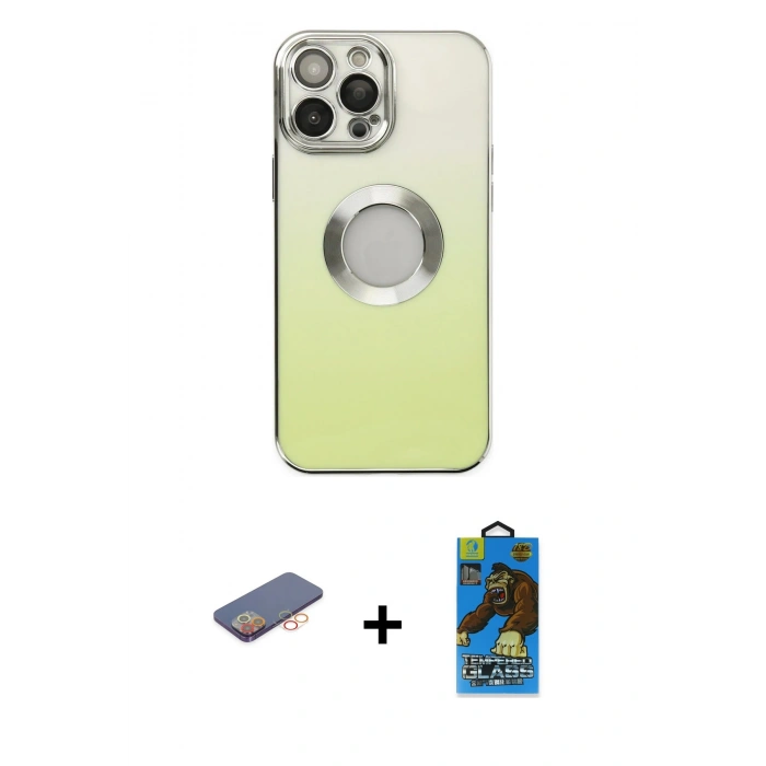 MARSİLYAN™- iPhone 13 Pro Max Kılıf Kutup Yansıma Özel Seri - Siyah 18D Cam Ekran Koruyucu + Turuncu Renkli Kamera Lens Koruma Cam