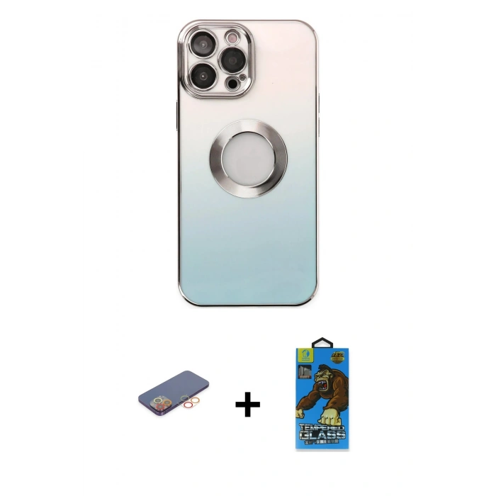 MARSİLYAN™- iPhone 13 Pro Max Kılıf Kutup Yansıma Özel Seri - Siyah 18D Cam Ekran Koruyucu + Turuncu Renkli Kamera Lens Koruma Cam