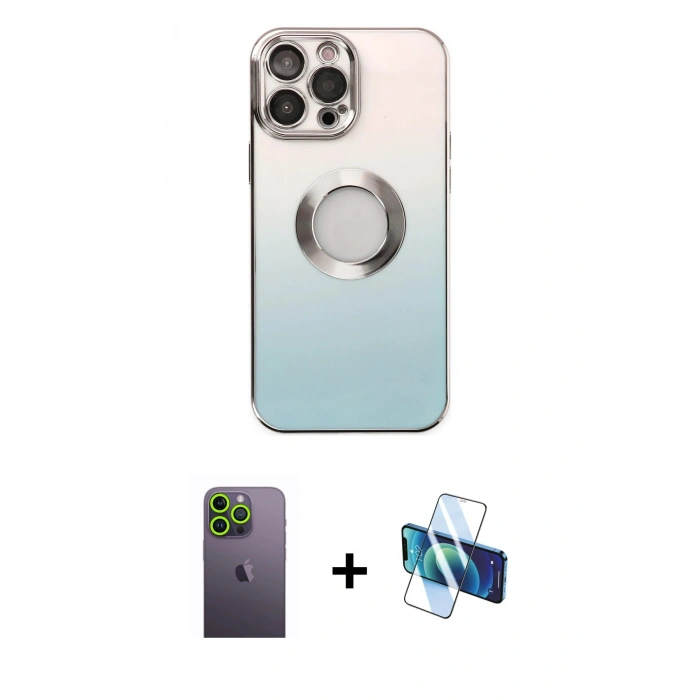 MARSİLYAN™- iPhone 13 Pro Max Kılıf Kutup Yansıma Özel Seri - Siyah 3D Antistatik Cam Ekran Koruyucu + Neon Fosforlu Kamera Lens - YL