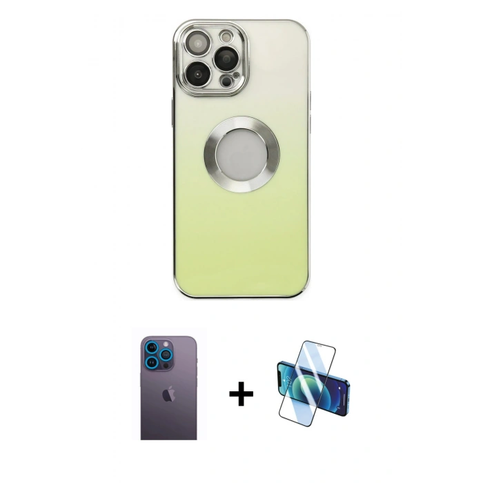 MARSİLYAN™- iPhone 13 Pro Max Kılıf Kutup Yansıma Özel Seri - Siyah 3D Antistatik Cam Ekran Koruyucu + Neon Fosforlu Kamera Lens - MI