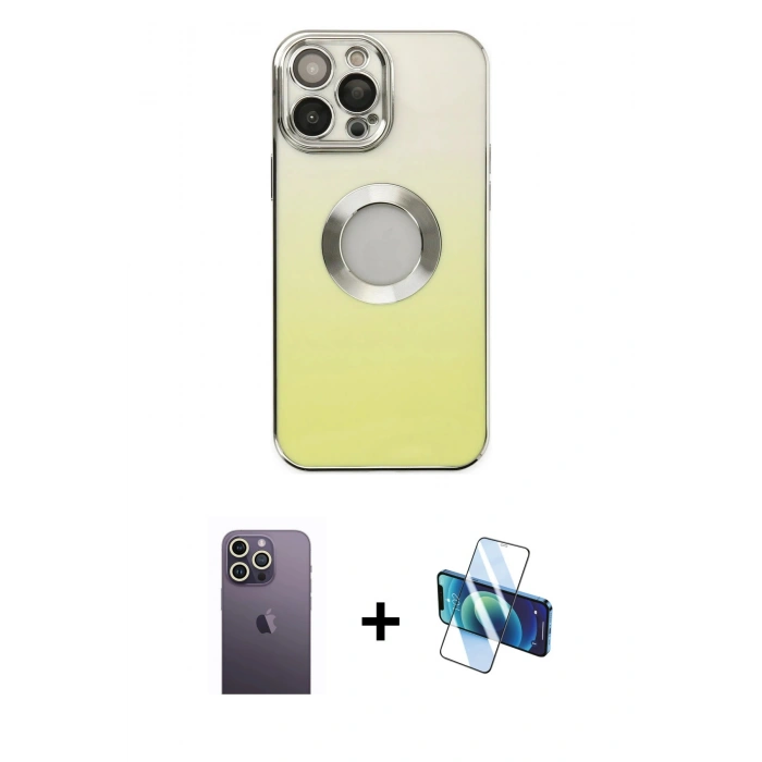 MARSİLYAN™- iPhone 13 Pro Max Kılıf Kutup Yansıma Özel Seri - Siyah 3D Antistatik Cam Ekran Koruyucu + Neon Fosforlu Kamera Lens - BZ