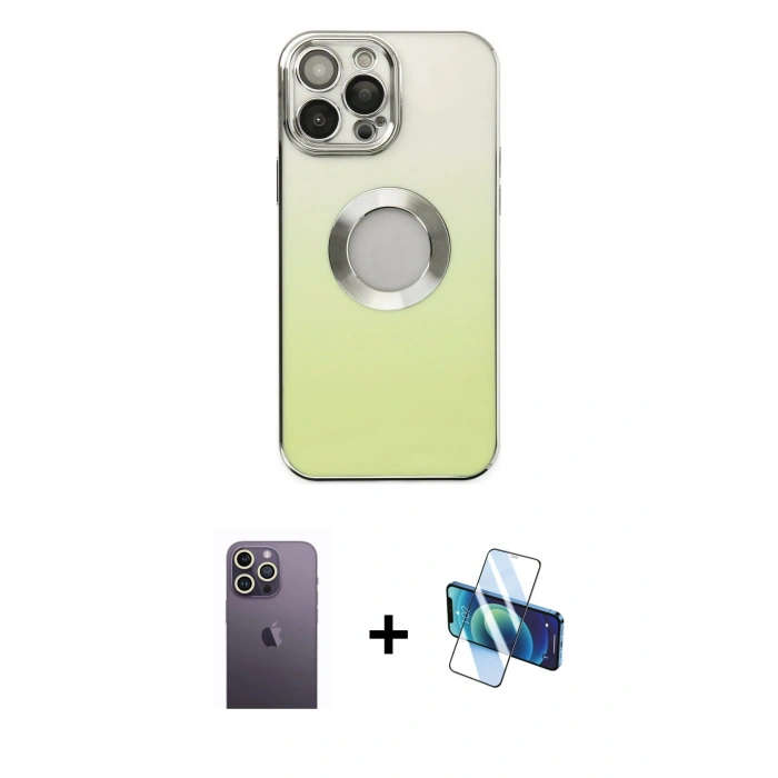 MARSİLYAN™- iPhone 13 Pro Max Kılıf Kutup Yansıma Özel Seri - Siyah 3D Antistatik Cam Ekran Koruyucu + Neon Fosforlu Kamera Lens - BZ