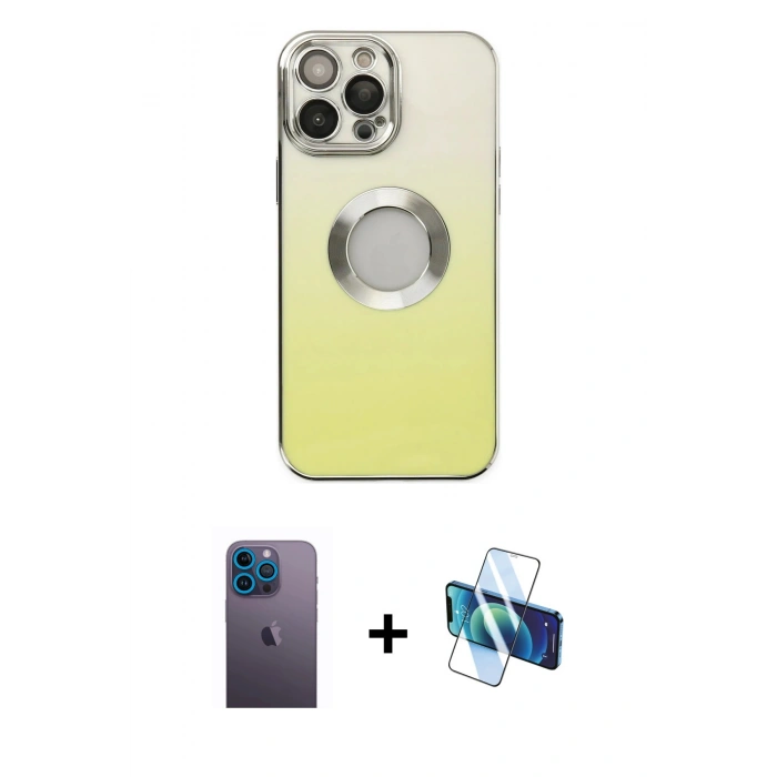 MARSİLYAN™- iPhone 13 Pro Max Kılıf Kutup Yansıma Özel Seri - Siyah 3D Antistatik Cam Ekran Koruyucu + Neon Fosforlu Kamera Lens - MI