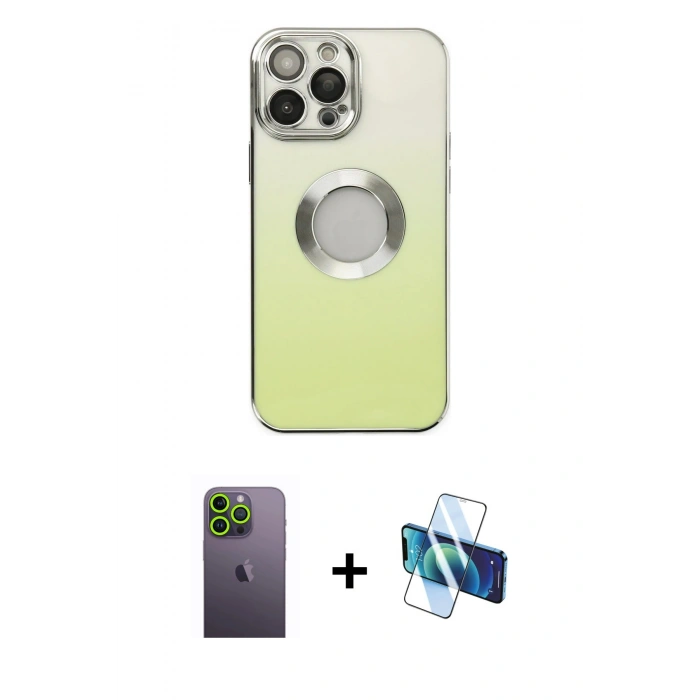 MARSİLYAN™- iPhone 13 Pro Max Kılıf Kutup Yansıma Özel Seri - Siyah 3D Antistatik Cam Ekran Koruyucu + Neon Fosforlu Kamera Lens - YL