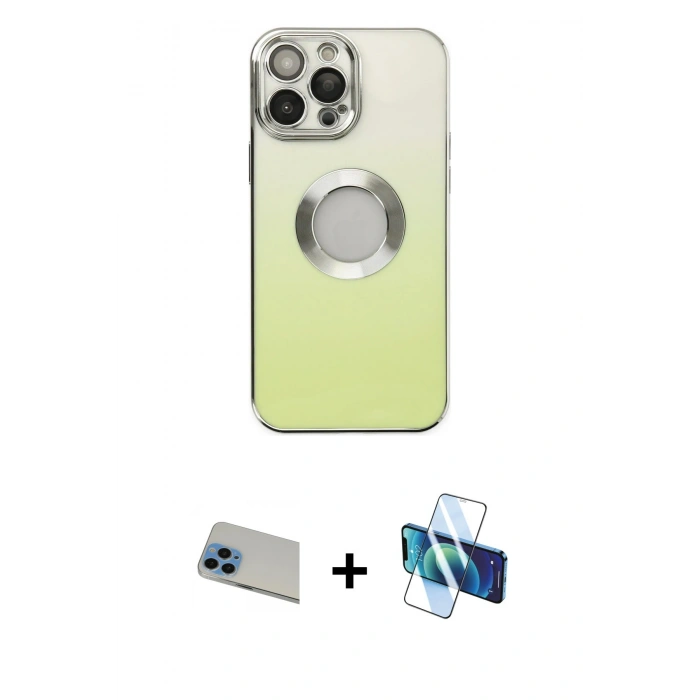 MARSİLYAN™- iPhone 13 Pro Max Kılıf Kutup Yansıma Özel Seri - Siyah 3D Antistatik Cam Ekran Koruyucu + Rainbow Kamera Lens Koruma Cam - MI