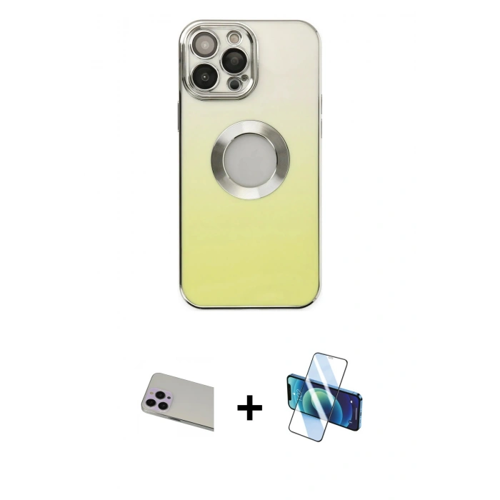 MARSİLYAN™- iPhone 13 Pro Max Kılıf Kutup Yansıma Özel Seri - Siyah 3D Antistatik Cam Ekran Koruyucu + Rainbow Kamera Lens Koruma Cam - MR