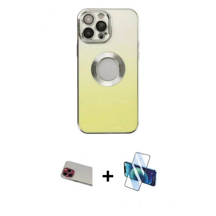 MARSİLYAN™- iPhone 13 Pro Max Kılıf Kutup Yansıma Özel Seri - Siyah 3D Antistatik Cam Ekran Koruyucu + Rainbow Kamera Lens Koruma Cam - KI
