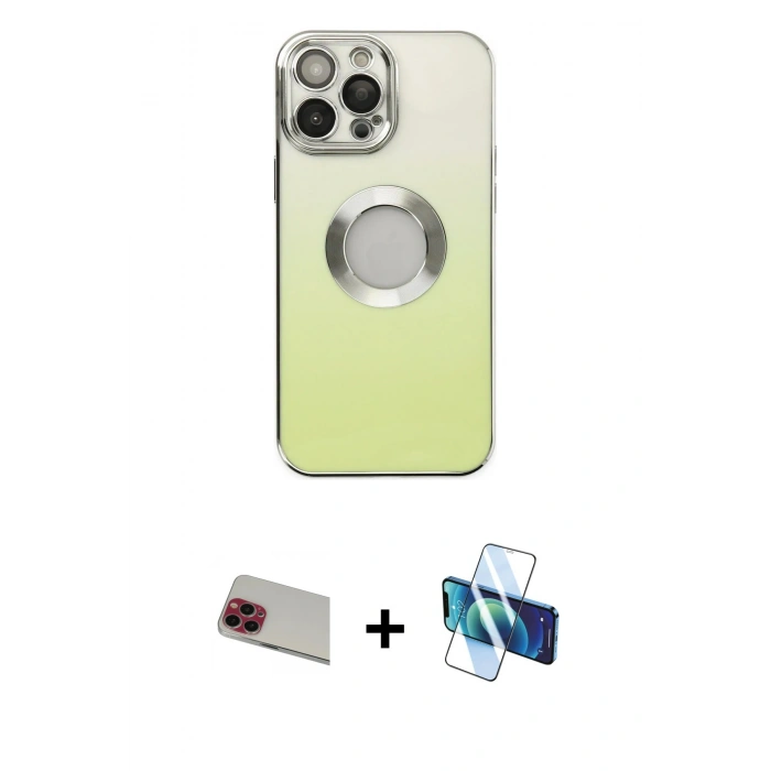 MARSİLYAN™- iPhone 13 Pro Max Kılıf Kutup Yansıma Özel Seri - Siyah 3D Antistatik Cam Ekran Koruyucu + Rainbow Kamera Lens Koruma Cam - KI