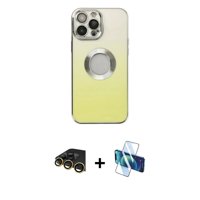 MARSİLYAN™- iPhone 13 Pro Max Kılıf Kutup Yansıma Özel Seri - Siyah 3D Antistatik Cam Ekran Koruyucu + Raze Metal Kamera Lens - GD