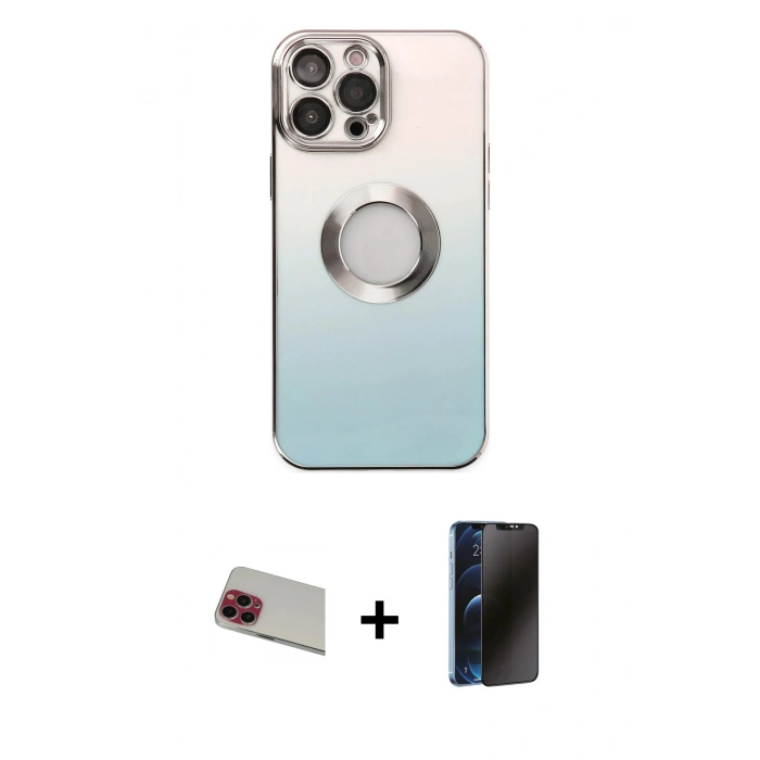 MARSİLYAN™- iPhone 13 Pro Max Kılıf Kutup Yansıma Özel Seri - Siyah 3D Antistatik Hayalet Cam Ekran Koruyucu + Rainbow Kamera Lens Koruma Cam - KI