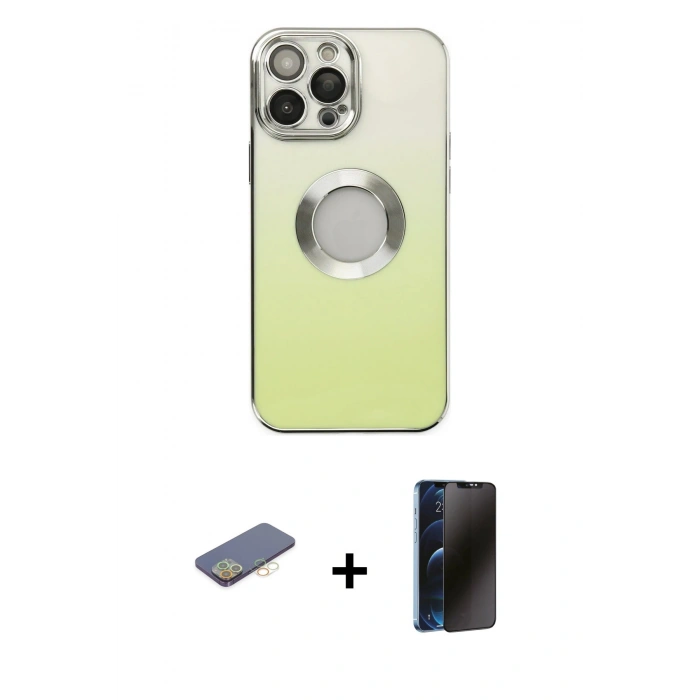 MARSİLYAN™- iPhone 13 Pro Max Kılıf Kutup Yansıma Özel Seri - Siyah 3D Antistatik Hayalet Cam Ekran Koruyucu + Sarı Renkli Kamera Lens Koruma Cam