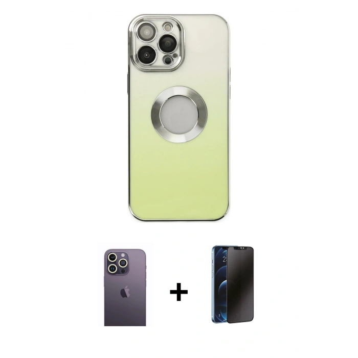 MARSİLYAN™- iPhone 13 Pro Max Kılıf Kutup Yansıma Özel Seri - Siyah 3D Antistatik Hayalet Cam Ekran Koruyucu + Beyaz Neon Fosforlu Kamera Lens