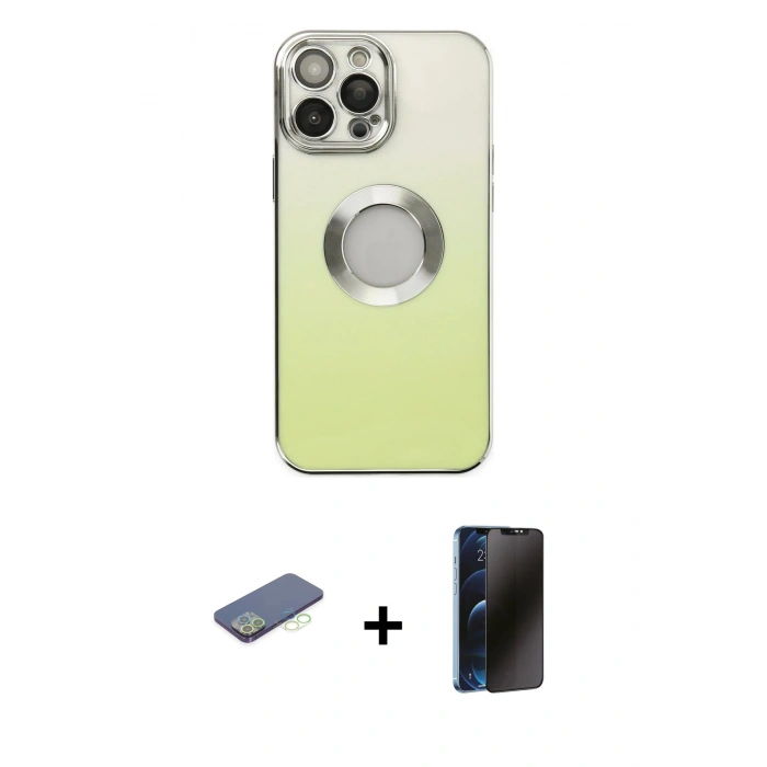 MARSİLYAN™- iPhone 13 Pro Max Kılıf Kutup Yansıma Özel Seri - Siyah 3D Antistatik Hayalet Cam Ekran Koruyucu + Renkli Kamera Lens Koruma Cam - YL