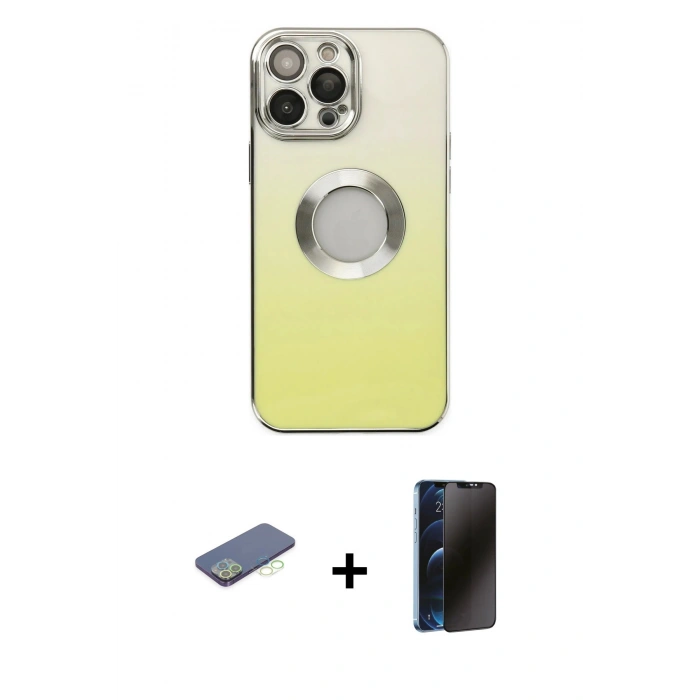 MARSİLYAN™- iPhone 13 Pro Max Kılıf Kutup Yansıma Özel Seri - Siyah 3D Antistatik Hayalet Cam Ekran Koruyucu + Renkli Kamera Lens Koruma Cam - YL