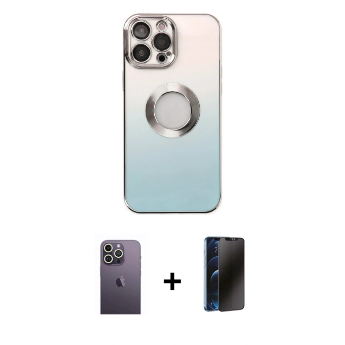 MARSİLYAN™- iPhone 13 Pro Max Kılıf Kutup Yansıma Özel Seri - Siyah 3D Antistatik Hayalet Cam Ekran Koruyucu + Beyaz Neon Fosforlu Kamera Lens
