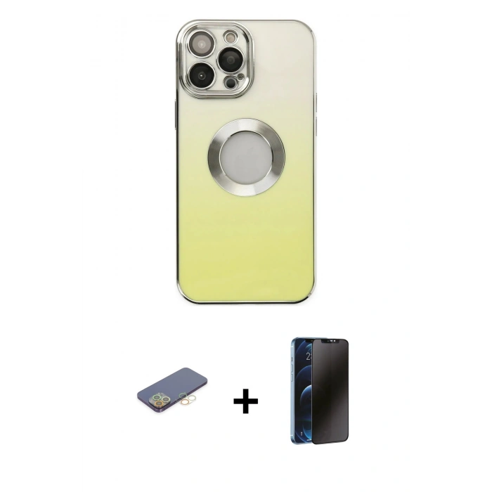 MARSİLYAN™- iPhone 13 Pro Max Kılıf Kutup Yansıma Özel Seri - Siyah 3D Antistatik Hayalet Cam Ekran Koruyucu + Sarı Renkli Kamera Lens Koruma Cam