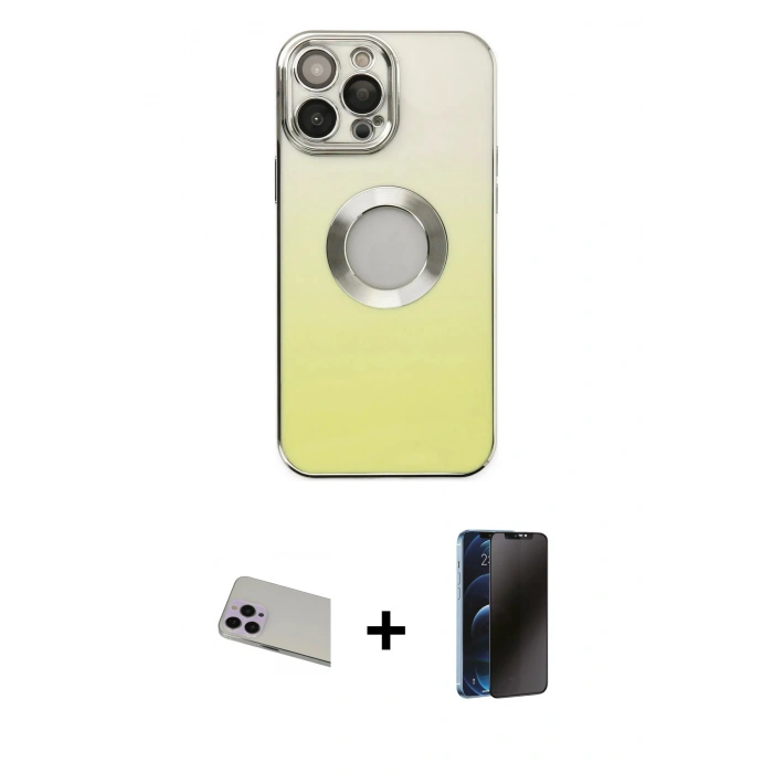 MARSİLYAN™- iPhone 13 Pro Max Kılıf Kutup Yansıma Özel Seri - Siyah 3D Antistatik Hayalet Cam Ekran Koruyucu + Rainbow Kamera Lens Koruma Cam - MR