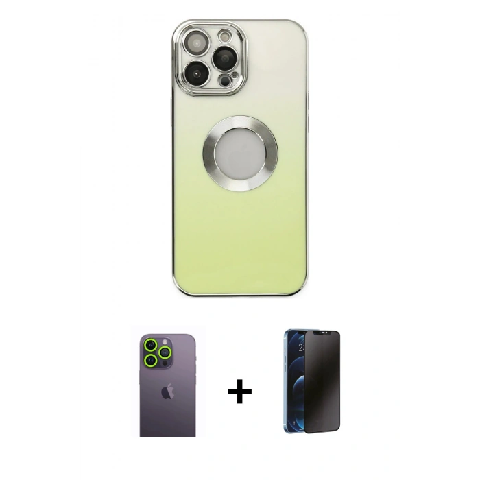 MARSİLYAN™- iPhone 13 Pro Max Kılıf Kutup Yansıma Özel Seri - Siyah 3D Antistatik Hayalet Cam Ekran Koruyucu + Neon Fosforlu Kamera Lens - YL