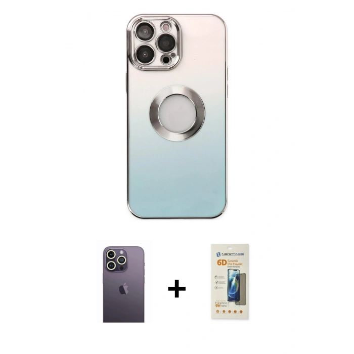 MARSİLYAN™- iPhone 13 Pro Max Kılıf Kutup Yansıma Özel Seri - Siyah 6D Mat Seramik Hayalet Nano Ekran Koruyucu + Neon Fosforlu Kamera Lens - BZ