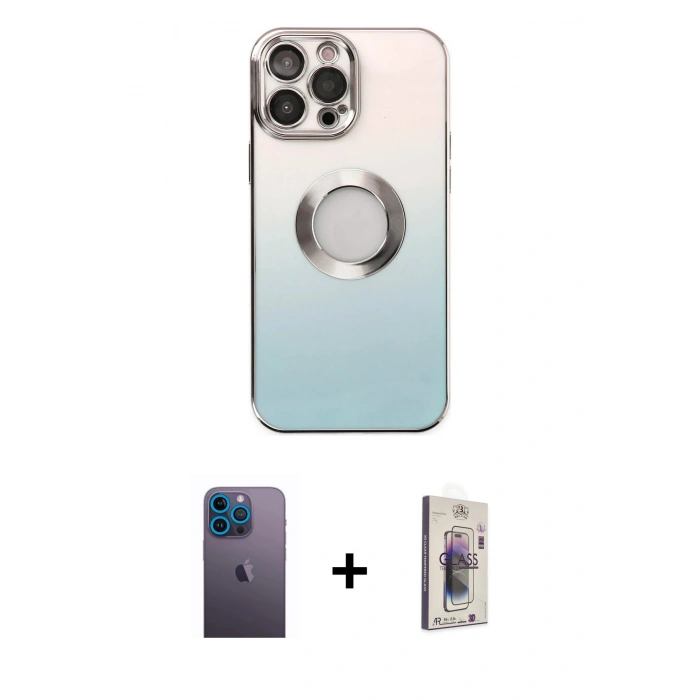 MARSİLYAN™- iPhone 13 Pro Max Kılıf Kutup Yansıma Özel Seri - Siyah Bilvis 3D Cam Ekran Koruyucu + Mavi Neon Fosforlu Kamera Lens