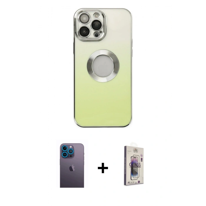 MARSİLYAN™- iPhone 13 Pro Max Kılıf Kutup Yansıma Özel Seri - Siyah Bilvis 3D Cam Ekran Koruyucu + Mavi Neon Fosforlu Kamera Lens