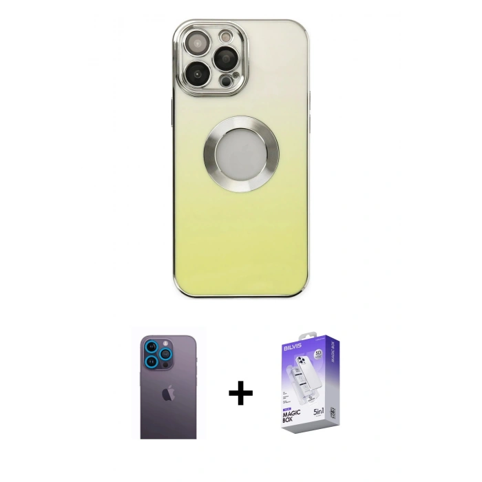 MARSİLYAN™- iPhone 13 Pro Max Kılıf Kutup Yansıma Özel Seri - Siyah Bilvis 5in1 3D Magic Cam Ekran Koruyucu + Neon Fosforlu Kamera Lens - MI