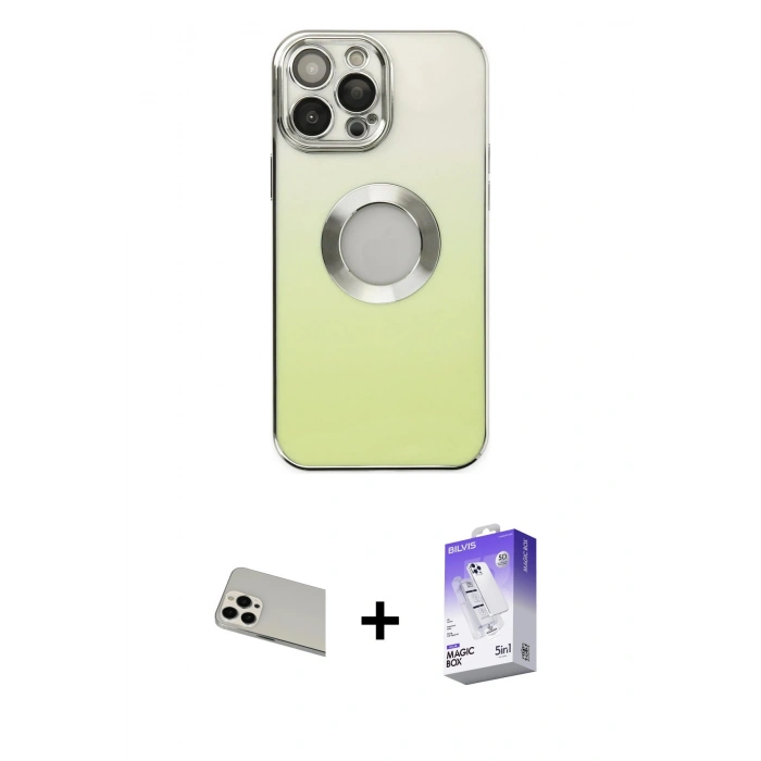 MARSİLYAN™- iPhone 13 Pro Max Kılıf Kutup Yansıma Özel Seri - Siyah Bilvis 5in1 3D Magic Cam Ekran Koruyucu + Rainbow Kamera Lens Koruma Cam - BZ