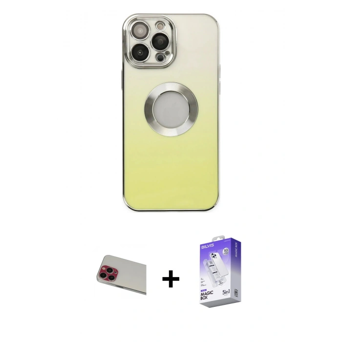 MARSİLYAN™- iPhone 13 Pro Max Kılıf Kutup Yansıma Özel Seri - Siyah Bilvis 5in1 3D Magic Cam Ekran Koruyucu + Kırmızı Rainbow Kamera Lens Koruma Cam