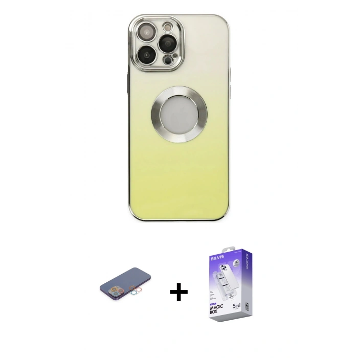 MARSİLYAN™- iPhone 13 Pro Max Kılıf Kutup Yansıma Özel Seri - Siyah Bilvis 5in1 3D Magic Cam Ekran Koruyucu + Renkli Kamera Lens Koruma Cam - PE
