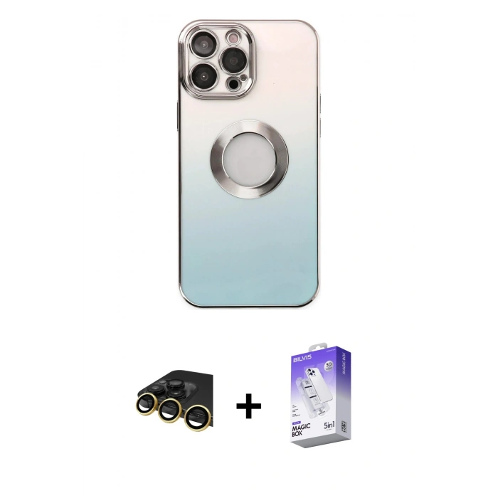 MARSİLYAN™- iPhone 13 Pro Max Kılıf Kutup Yansıma Özel Seri - Siyah Bilvis 5in1 3D Magic Cam Ekran Koruyucu + Gold Raze Metal Kamera Lens