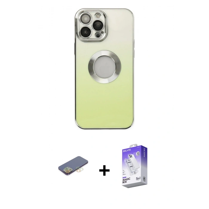 MARSİLYAN™- iPhone 13 Pro Max Kılıf Kutup Yansıma Özel Seri - Siyah Bilvis 5in1 3D Magic Cam Ekran Koruyucu + Sarı Renkli Kamera Lens Koruma Cam