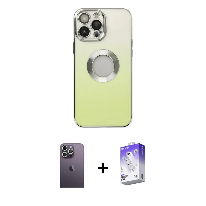 MARSİLYAN™- iPhone 13 Pro Max Kılıf Kutup Yansıma Özel Seri - Siyah Bilvis 5in1 3D Magic Cam Ekran Koruyucu + Neon Fosforlu Kamera Lens - BZ