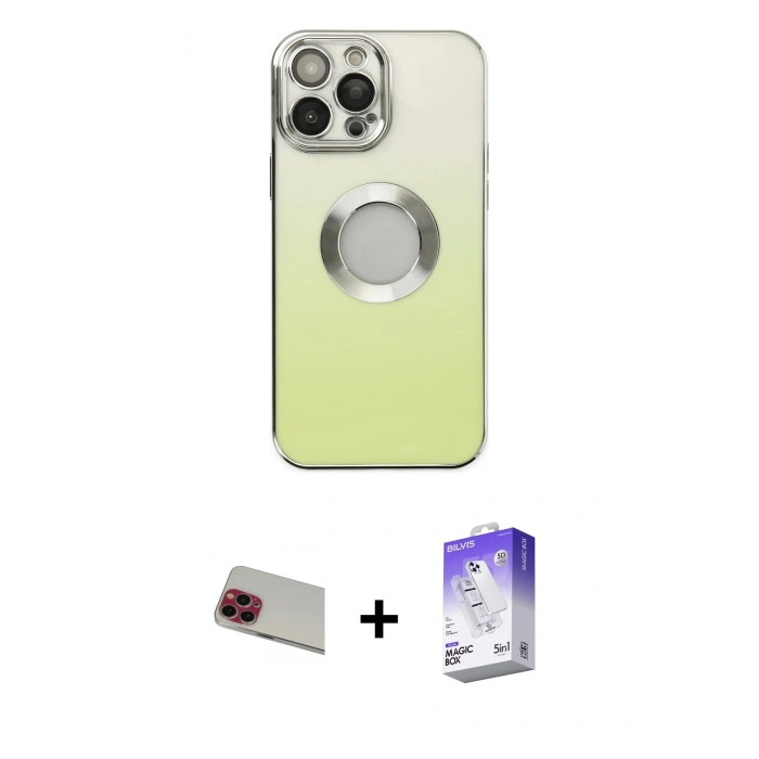 MARSİLYAN™- iPhone 13 Pro Max Kılıf Kutup Yansıma Özel Seri - Siyah Bilvis 5in1 3D Magic Cam Ekran Koruyucu + Kırmızı Rainbow Kamera Lens Koruma Cam