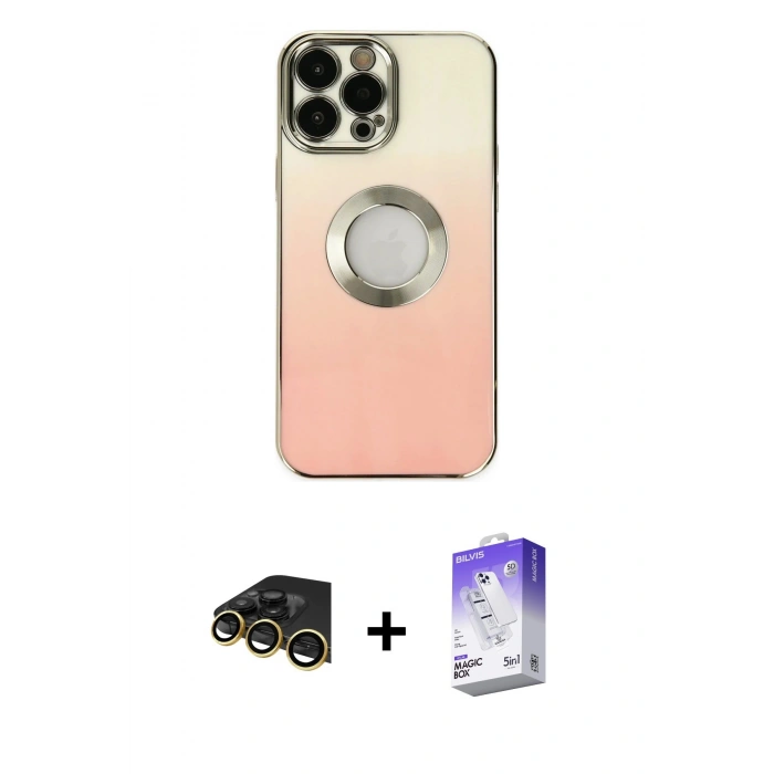 MARSİLYAN™- iPhone 13 Pro Max Kılıf Kutup Yansıma Özel Seri - Siyah Bilvis 5in1 3D Magic Cam Ekran Koruyucu + Gold Raze Metal Kamera Lens