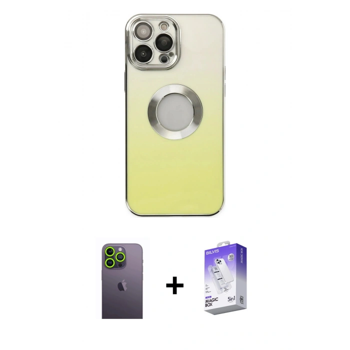 MARSİLYAN™- iPhone 13 Pro Max Kılıf Kutup Yansıma Özel Seri - Siyah Bilvis 5in1 3D Magic Cam Ekran Koruyucu + Neon Fosforlu Kamera Lens - YL