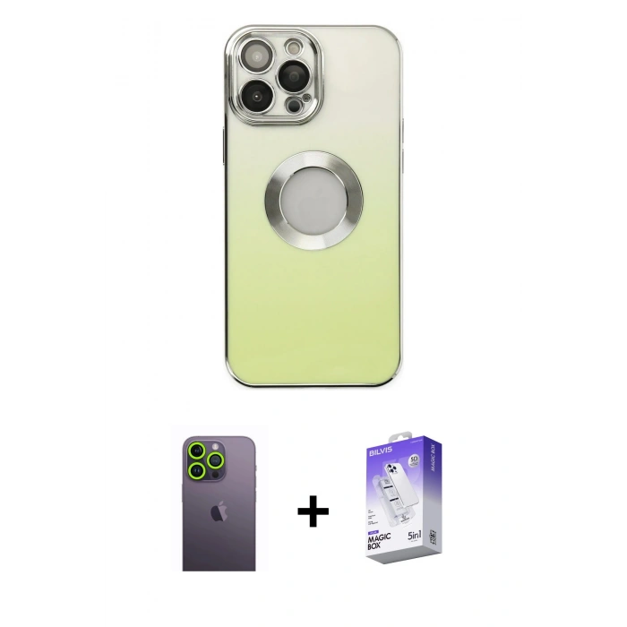 MARSİLYAN™- iPhone 13 Pro Max Kılıf Kutup Yansıma Özel Seri - Siyah Bilvis 5in1 3D Magic Cam Ekran Koruyucu + Neon Fosforlu Kamera Lens - YL