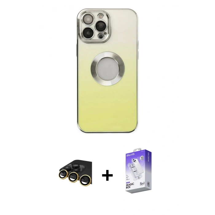 MARSİLYAN™- iPhone 13 Pro Max Kılıf Kutup Yansıma Özel Seri - Siyah Bilvis 5in1 3D Magic Cam Ekran Koruyucu + Gold Raze Metal Kamera Lens