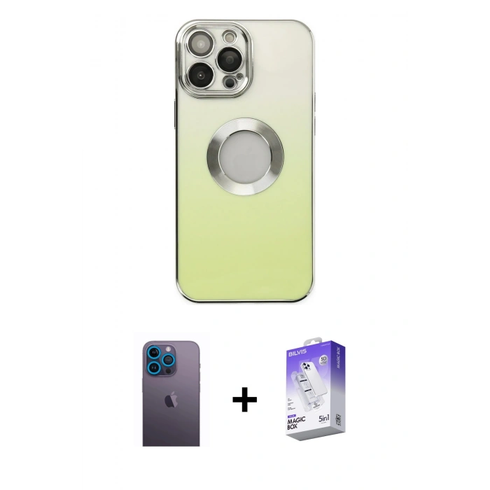 MARSİLYAN™- iPhone 13 Pro Max Kılıf Kutup Yansıma Özel Seri - Siyah Bilvis 5in1 3D Magic Cam Ekran Koruyucu + Neon Fosforlu Kamera Lens - MI
