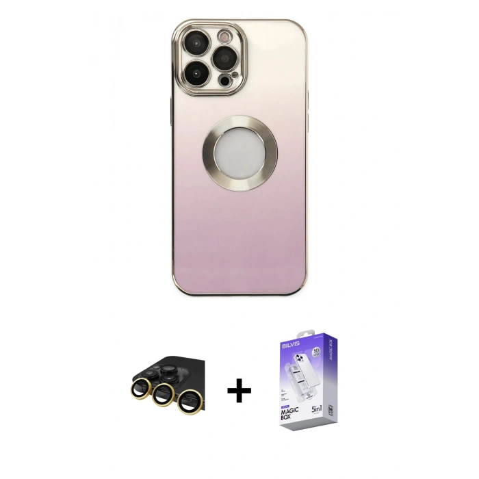 MARSİLYAN™- iPhone 13 Pro Max Kılıf Kutup Yansıma Özel Seri - Siyah Bilvis 5in1 3D Magic Cam Ekran Koruyucu + Gold Raze Metal Kamera Lens