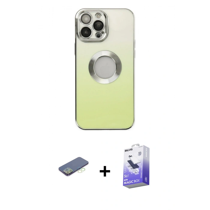 MARSİLYAN™- iPhone 13 Pro Max Kılıf Kutup Yansıma Özel Seri - Siyah Bilvis 5in1 5D Magic Hayalet Cam Ekran Koruyucu + Renkli Kamera Lens Koruma Cam - YL