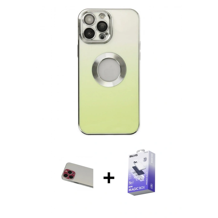 MARSİLYAN™- iPhone 13 Pro Max Kılıf Kutup Yansıma Özel Seri - Siyah Bilvis 5in1 5D Magic Hayalet Cam Ekran Koruyucu + Rainbow Kamera Lens Koruma Cam - KI