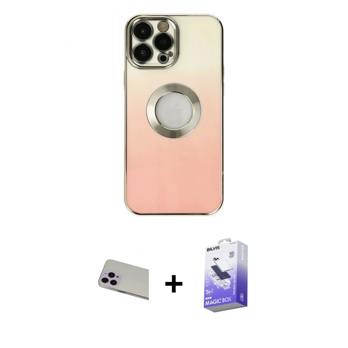MARSİLYAN™- iPhone 13 Pro Max Kılıf Kutup Yansıma Özel Seri - Siyah Bilvis 5in1 5D Magic Hayalet Cam Ekran Koruyucu + Mor Rainbow Kamera Lens Koruma Cam