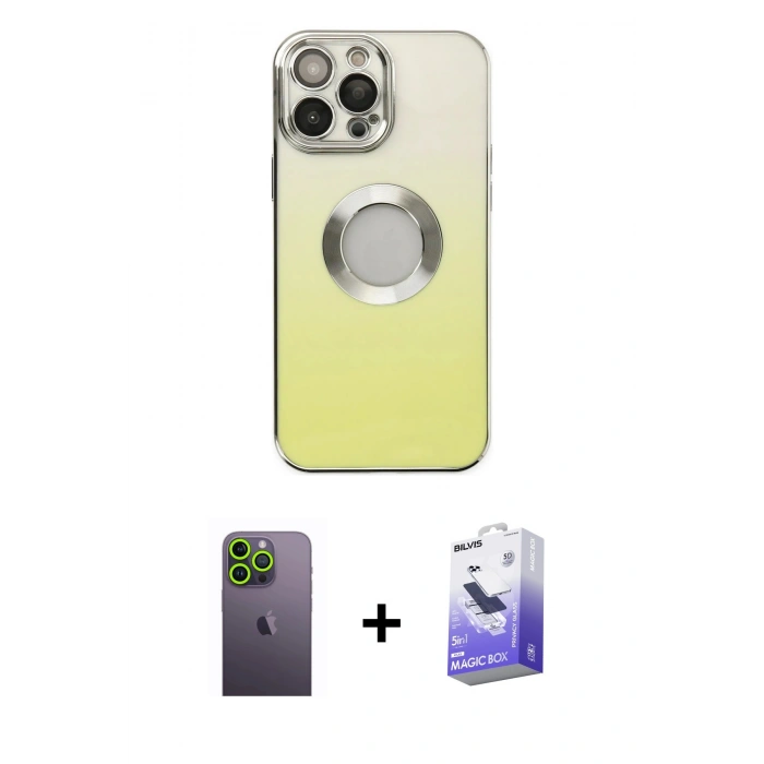 MARSİLYAN™- iPhone 13 Pro Max Kılıf Kutup Yansıma Özel Seri - Siyah Bilvis 5in1 5D Magic Hayalet Cam Ekran Koruyucu + Yeşil Neon Fosforlu Kamera Lens