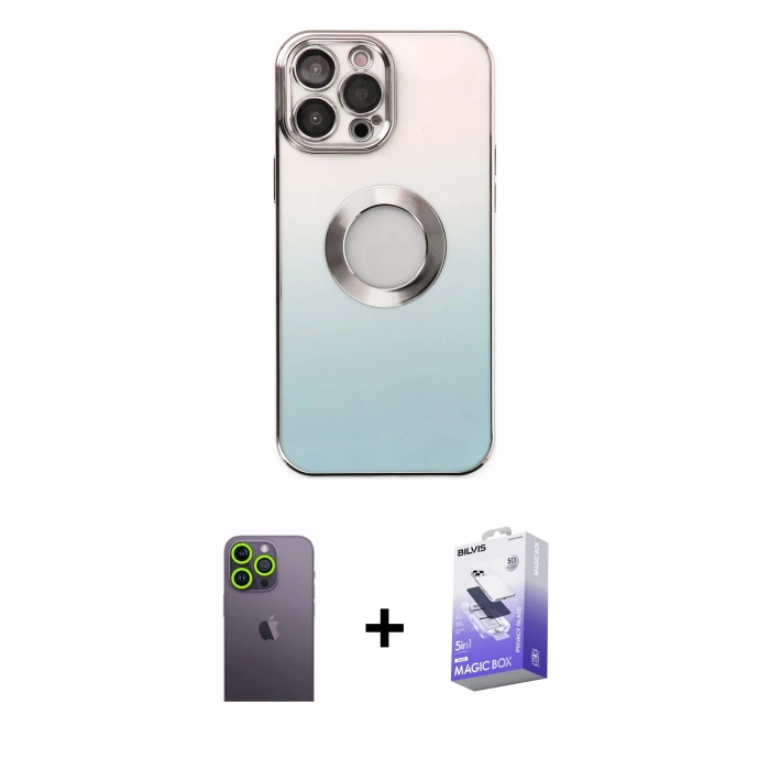 MARSİLYAN™- iPhone 13 Pro Max Kılıf Kutup Yansıma Özel Seri - Siyah Bilvis 5in1 5D Magic Hayalet Cam Ekran Koruyucu + Yeşil Neon Fosforlu Kamera Lens