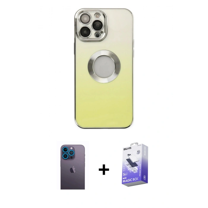 MARSİLYAN™- iPhone 13 Pro Max Kılıf Kutup Yansıma Özel Seri - Siyah Bilvis 5in1 5D Magic Hayalet Cam Ekran Koruyucu + Neon Fosforlu Kamera Lens - MI