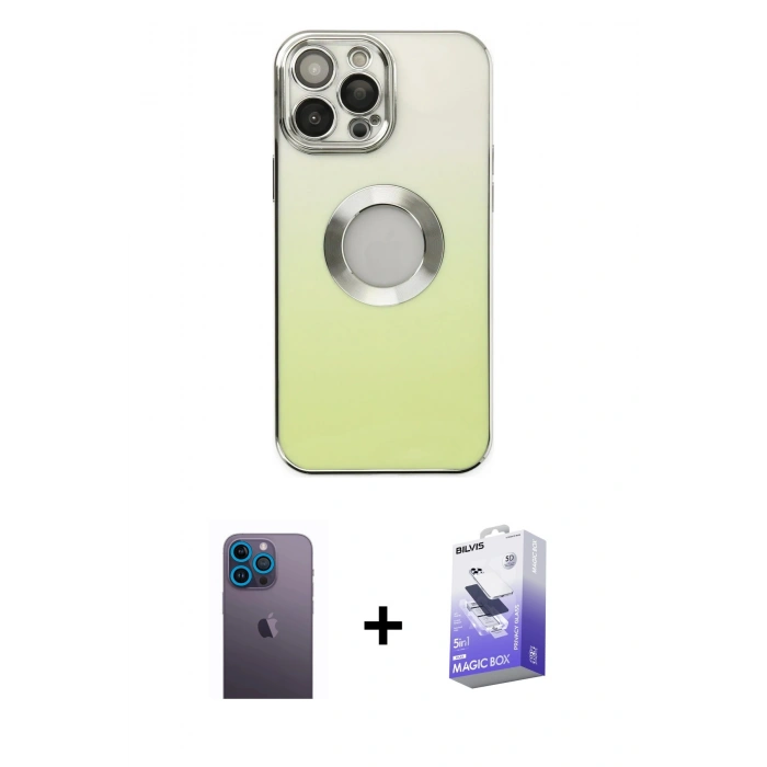 MARSİLYAN™- iPhone 13 Pro Max Kılıf Kutup Yansıma Özel Seri - Siyah Bilvis 5in1 5D Magic Hayalet Cam Ekran Koruyucu + Neon Fosforlu Kamera Lens - MI