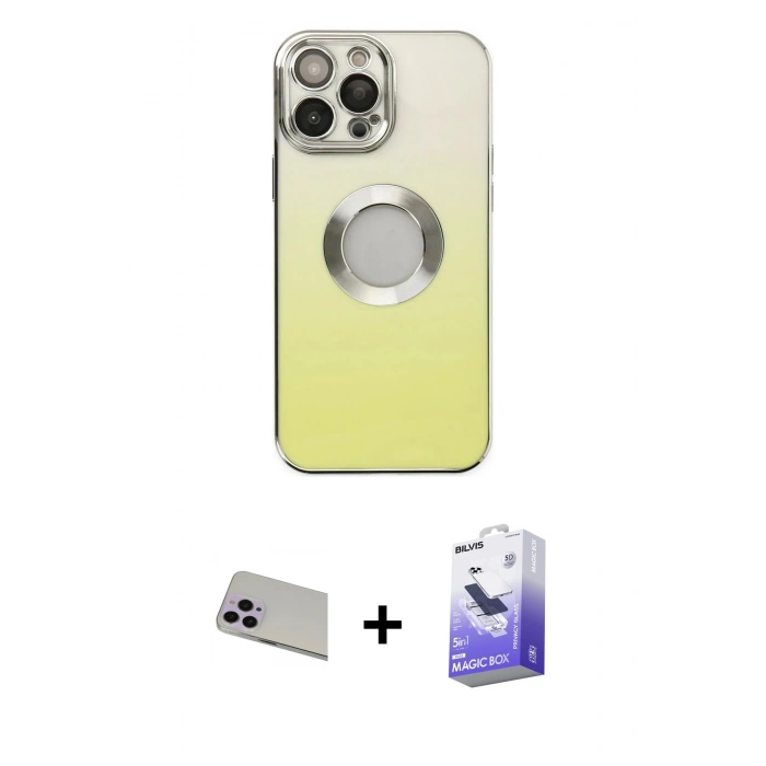 MARSİLYAN™- iPhone 13 Pro Max Kılıf Kutup Yansıma Özel Seri - Siyah Bilvis 5in1 5D Magic Hayalet Cam Ekran Koruyucu + Mor Rainbow Kamera Lens Koruma Cam