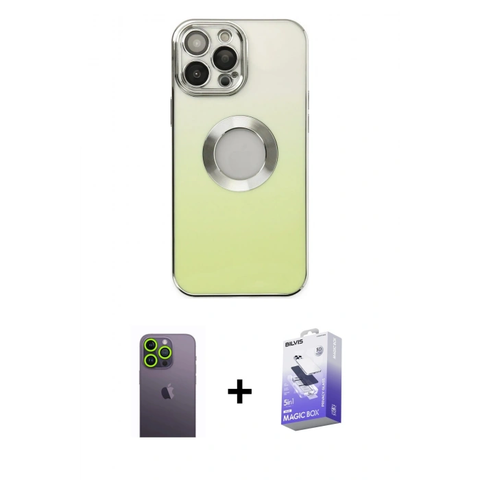 MARSİLYAN™- iPhone 13 Pro Max Kılıf Kutup Yansıma Özel Seri - Siyah Bilvis 5in1 5D Magic Hayalet Cam Ekran Koruyucu + Yeşil Neon Fosforlu Kamera Lens
