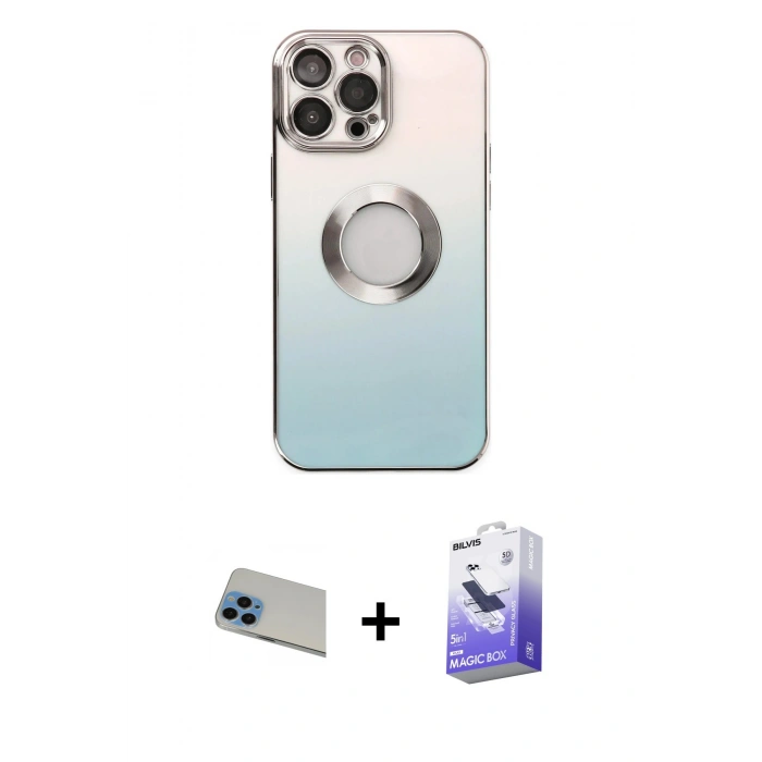 MARSİLYAN™- iPhone 13 Pro Max Kılıf Kutup Yansıma Özel Seri - Siyah Bilvis 5in1 5D Magic Hayalet Cam Ekran Koruyucu + Rainbow Kamera Lens Koruma Cam - MI